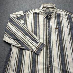 Carhartt Heavyweight Canvas Button Down Shirt Mens 2XL‎ Beige Blue Striped